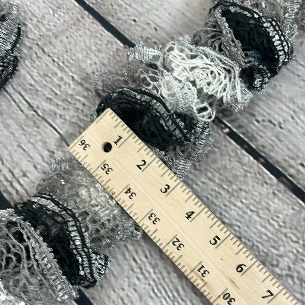 SCARF Crocheted Ruffle Scarf White, Gray & Silver Shimmery